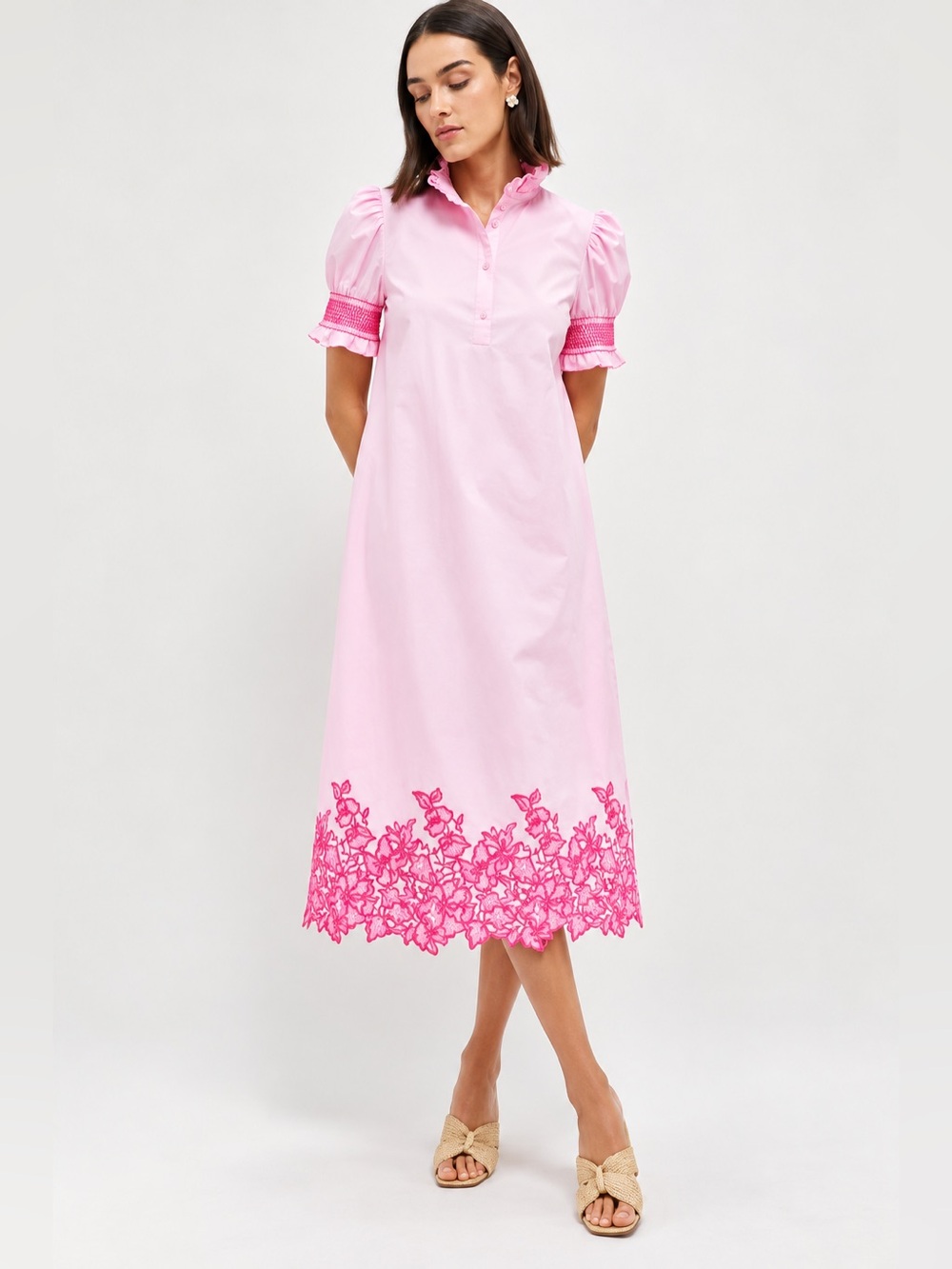 Tuckernuck Hyacinth House Pink Midi Dress with Bright Pink Floral Hem